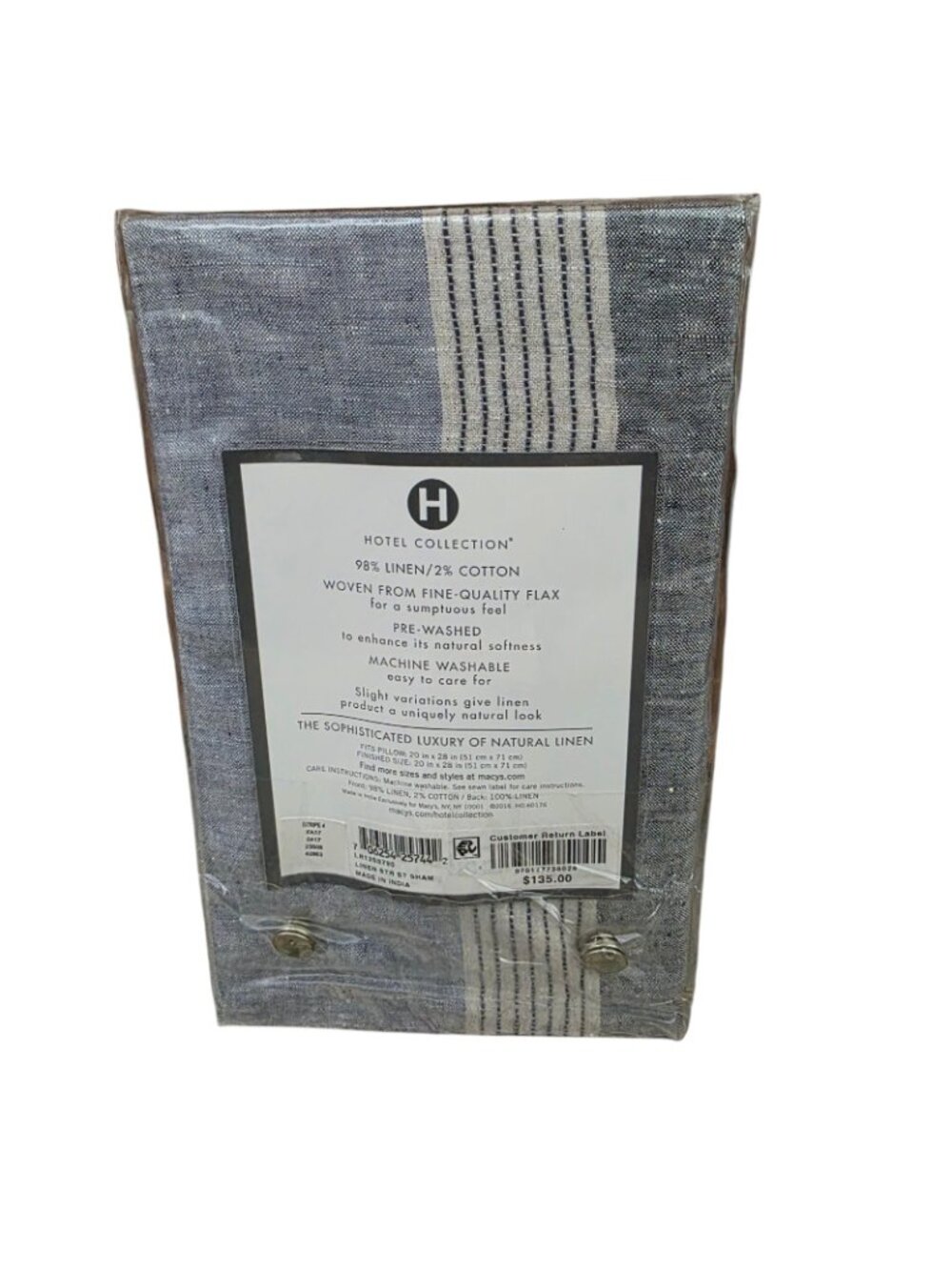 Hotel Collection Blue Stripe Linen Standard Pillow Sham 20 x 28 - Picture 2 of 2
